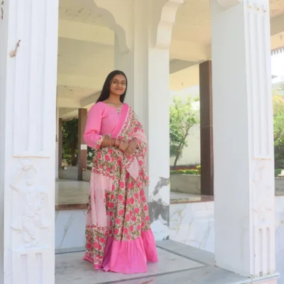 pink floral cotton Gopi dress set