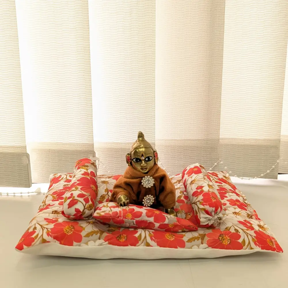 Laddu Gopal Cotton Gaddi Pillow Set – Orange Floral Design