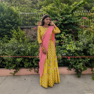 Yellow Pink Gopi Dress Vrindavan for Women Cotton Radha Outfit Front View
