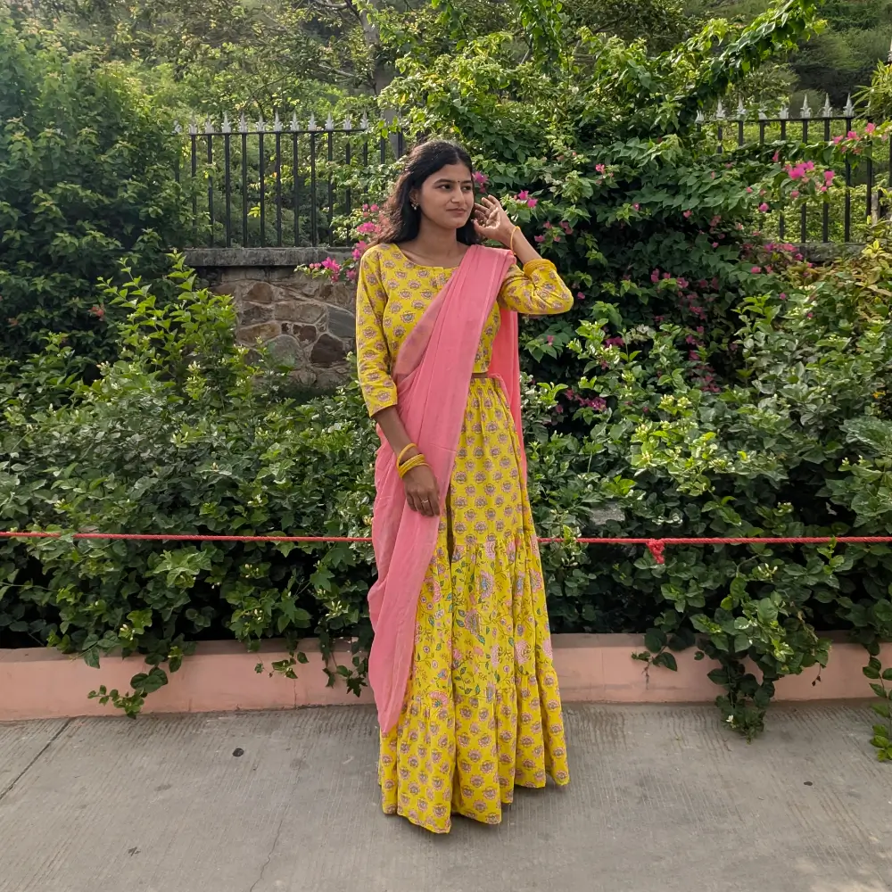 Yellow Pink Gopi Dress Vrindavan for Women Cotton Radha Outfit Front View
