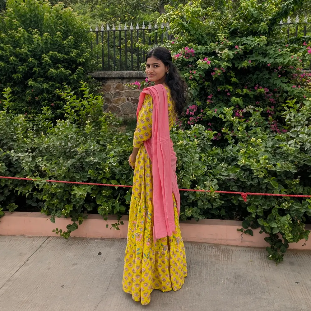 Yellow Pink Cotton Gopi Dress for Women Vrindavan Style Radha Outfit Side Back View