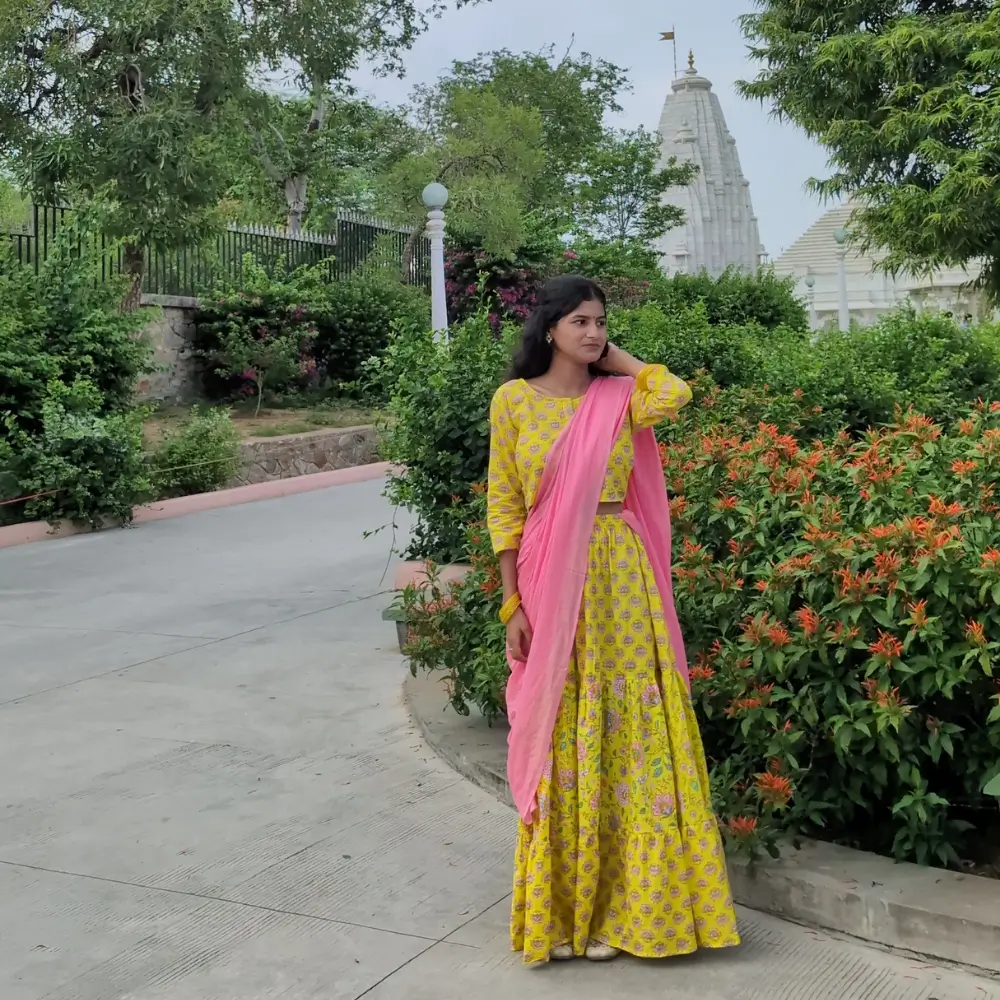 Yellow Pink Gopika Dress in Cotton Fabric Traditional Radha Outfit at Vrindavan Temple