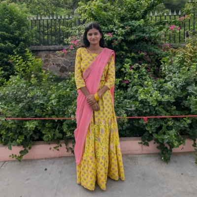 Yellow Pink Radha Dress for Women Cotton Gopi Dress Vrindavan Front View