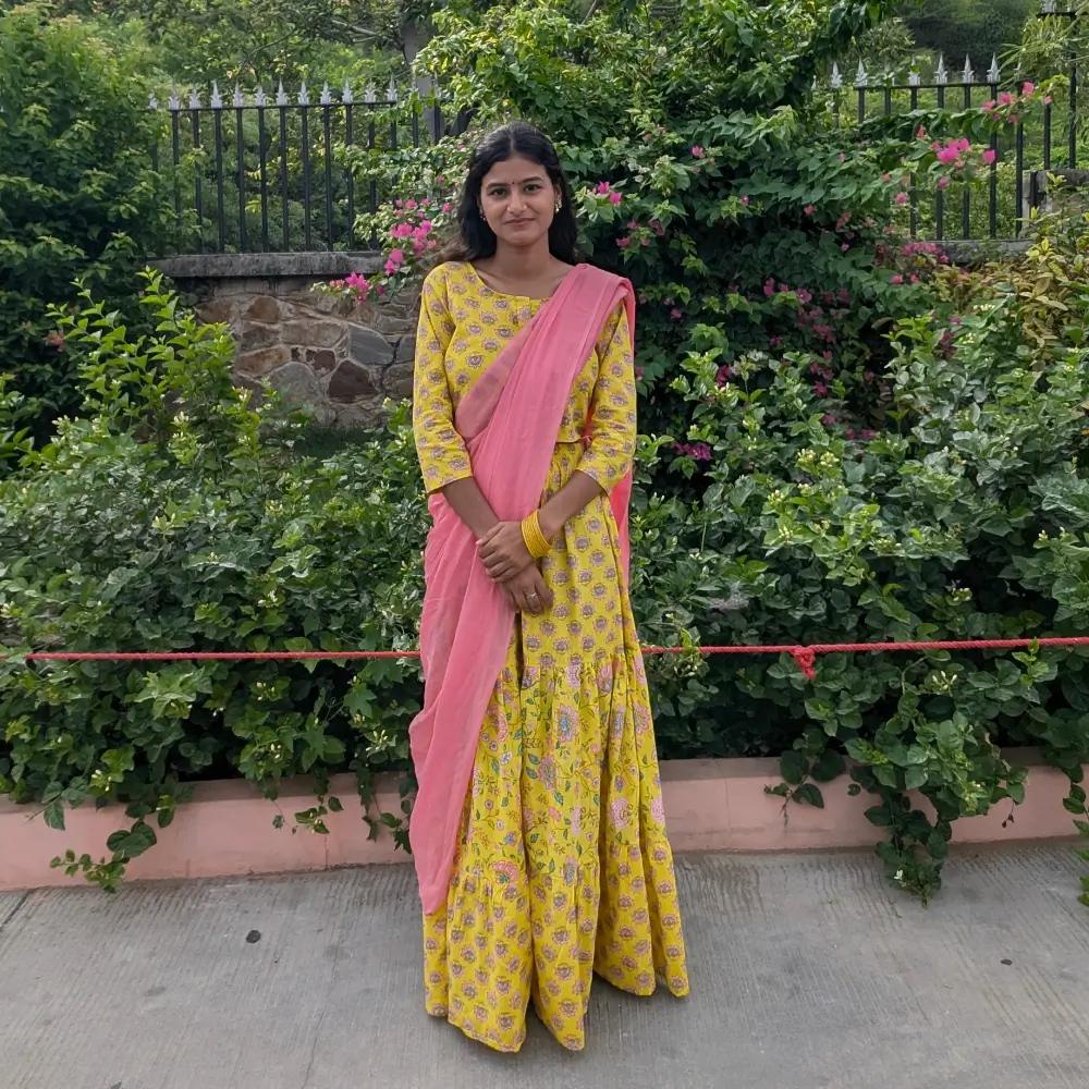 Yellow Pink Radha Dress for Women Cotton Gopi Dress Vrindavan Front View