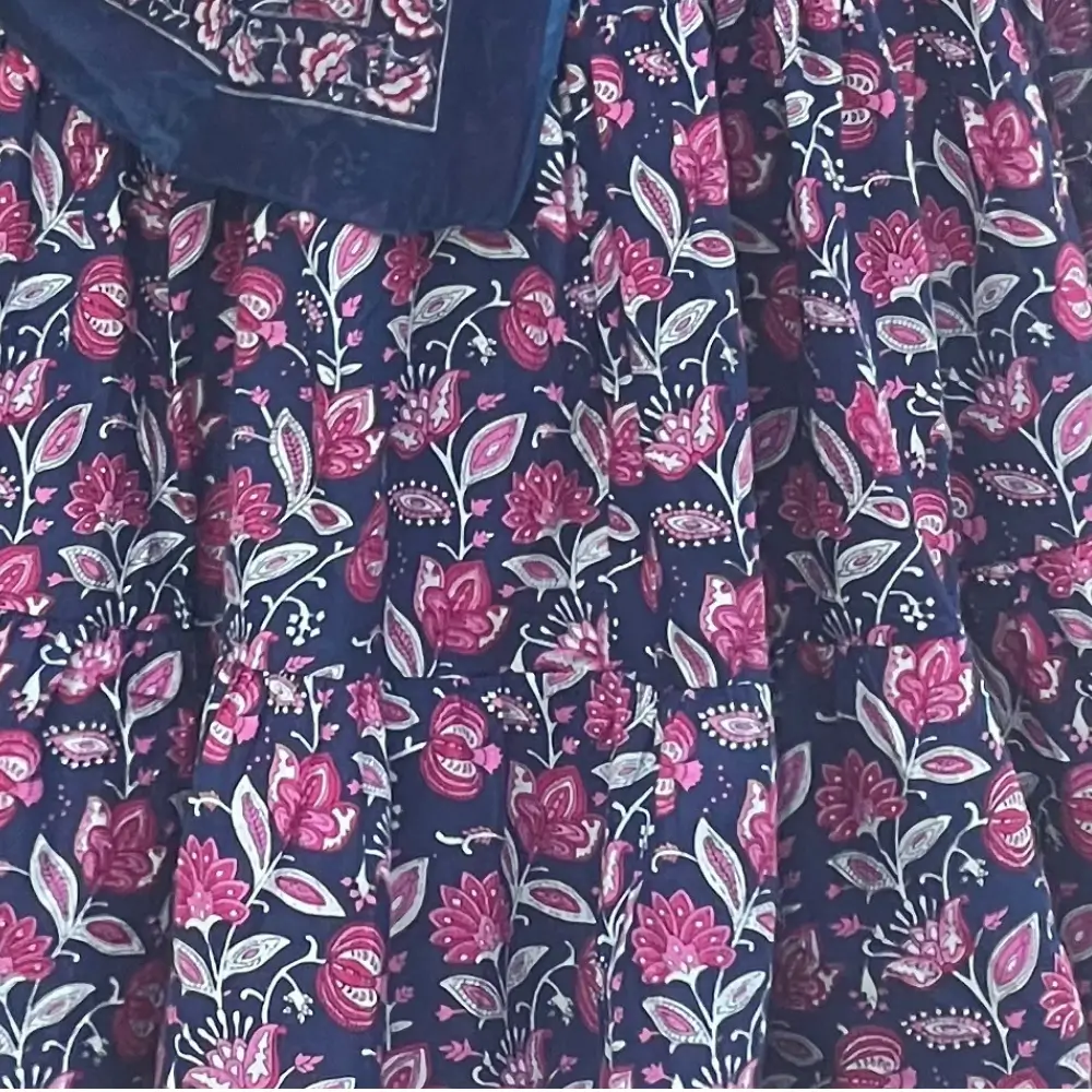Close up of Navy Blue Pink Cotton Gopika Dress Floral Print Traditional Radha Outfit