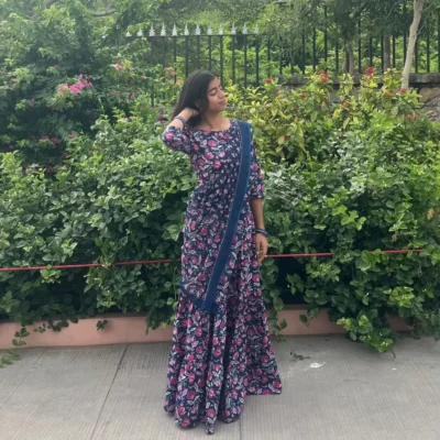 Navy Blue Pink Cotton Gopi Dress for Women Traditional Radha Outfit Lifestyle View