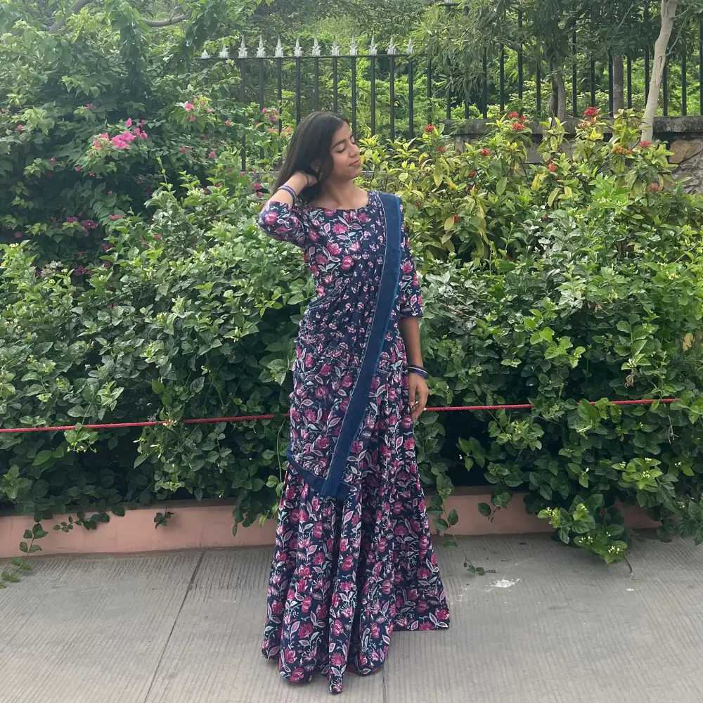 Navy Blue Pink Cotton Gopi Dress for Women Traditional Radha Outfit Lifestyle View