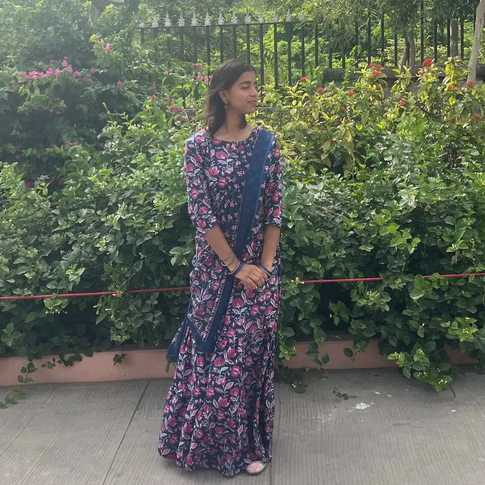Navy Blue Pink Gopi Dress Vrindavan for Women Cotton Radha Outfit Front View