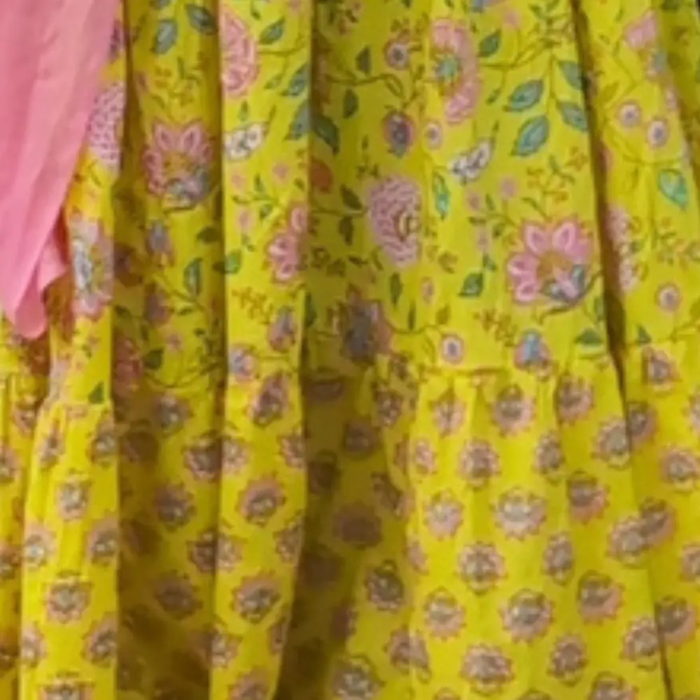 Close up of Yellow Pink Cotton Gopika Dress Floral Print Traditional Radha Outfit