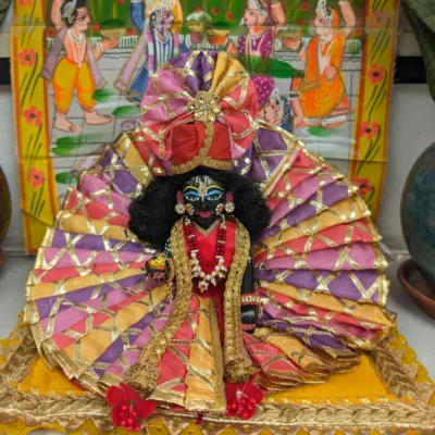 Laddu Gopal Designer Handmade Poshak in Multicolor Red Purple Yellow with Mukut and Patka