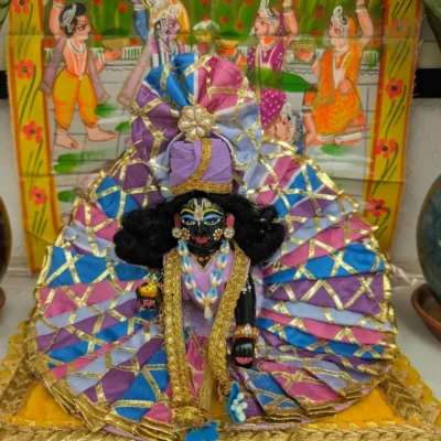 Laddu Gopal Designer Handmade Poshak in Multicolor Purple Pink Blue with Mukut and Patka