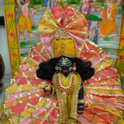 Laddu Gopal Designer Handmade Poshak in Multicolor Yellow Pink Peach with Mukut and Patka