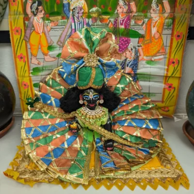 Laddu Gopal Designer Handmade Poshak in Multicolor Green Peach Blue with Mukut and Patka