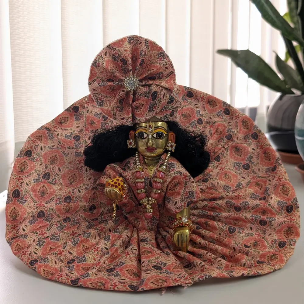 peach laddu gopal summer printed poshak with mukut
