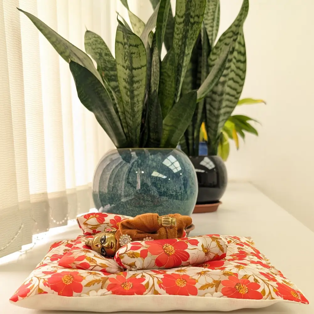 Laddu Gopal Cotton Gaddi Pillow Set – Red Floral Design