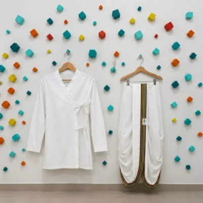 traditional white kurta dhoti set flat lay.webp
